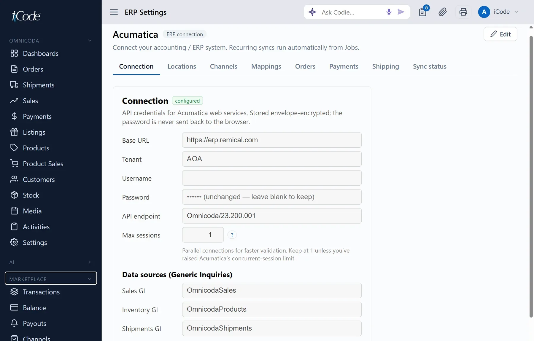 The Acumatica connection — locations, channels, mappings, orders, payments and shipping, with syncs running automatically