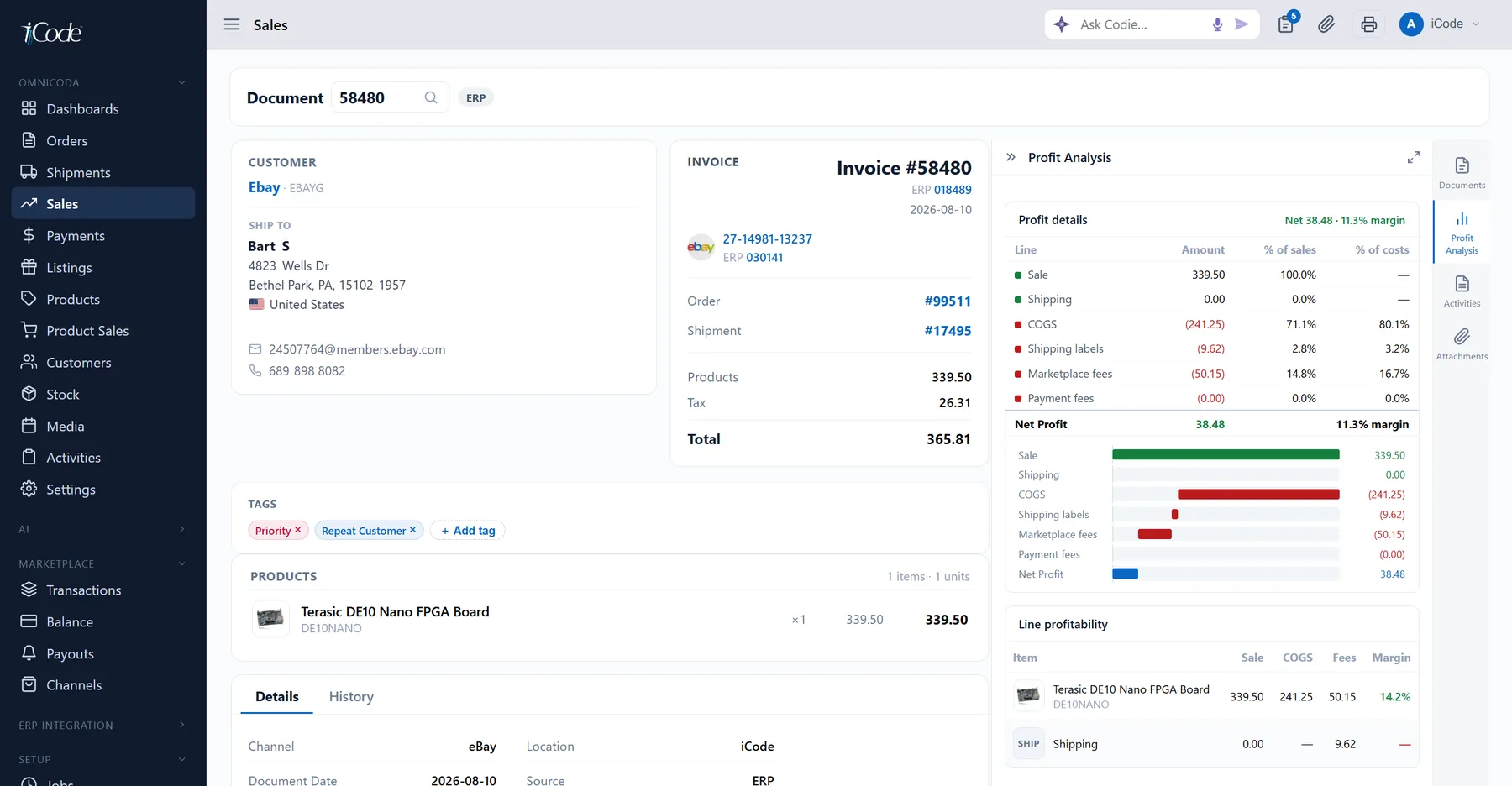 An invoice carrying its cost of goods — sale, COGS, shipping labels and marketplace fees netted to net profit and margin