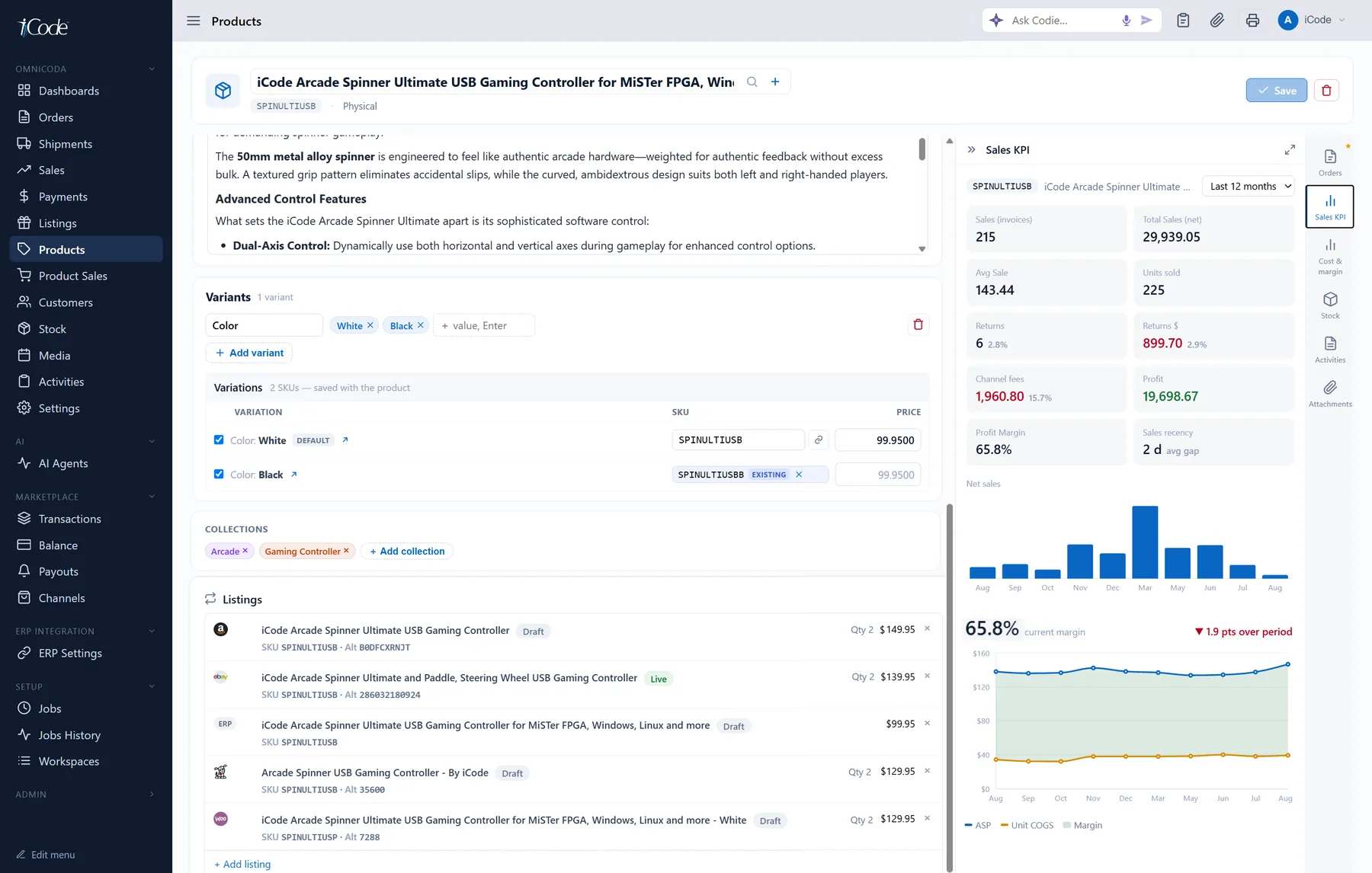 One product listed across Amazon, eBay, the ERP, Tindie and WooCommerce — each with its own title, SKU and price
