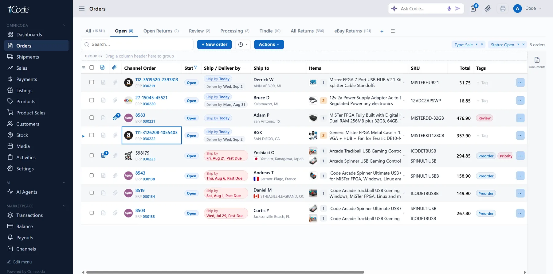 Orders from every channel in one list, with ship-by dates and linked documents
