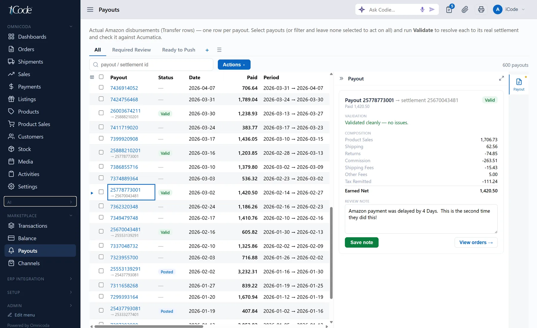 A marketplace payout resolved to its settlement and broken into product sales, shipping, returns, commission, fees and tax